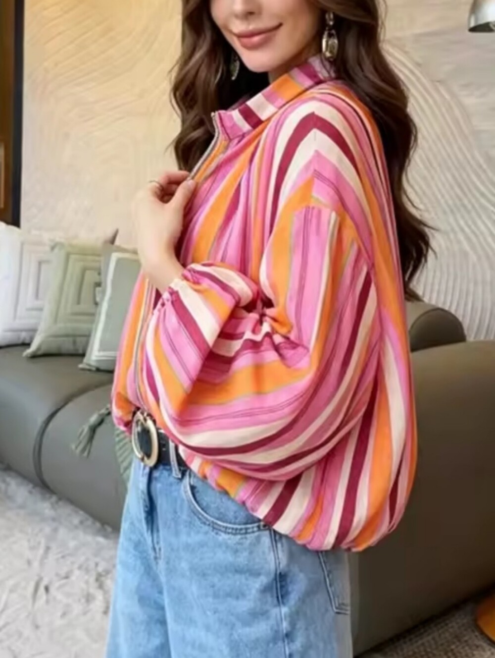 Women's Pink Multi-Stripe High-Neck Balloon Sleeve Top - Picture 4 of 7